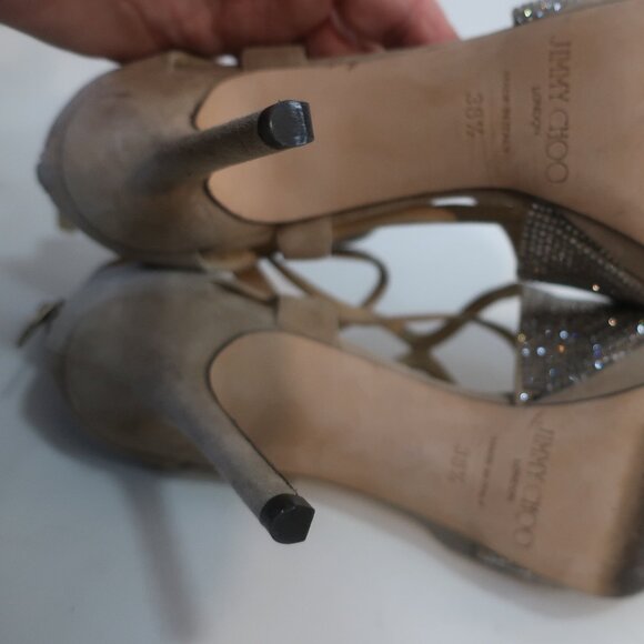 Authentic Jimmy Choo Taupe Bedazzled Suede Ankle Strap Zip Heels 38.5 US/8.5 - Picture 11 of 16